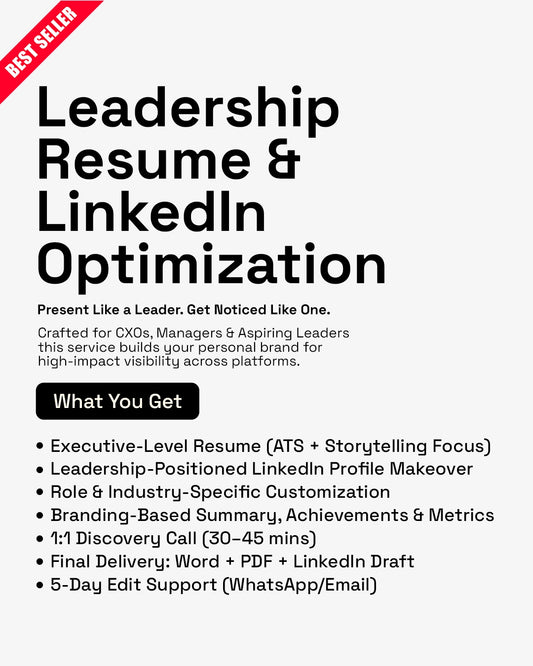 Leadership Resume & LinkedIn Optimization for executive job opportunities. Enhance your professional presence.